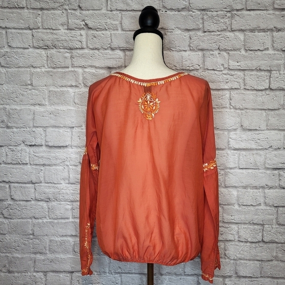 Lucky Brand Top Orange Cream Embroidered Split V Neck Ties Long Sleeve Size S - Picture 7 of 8